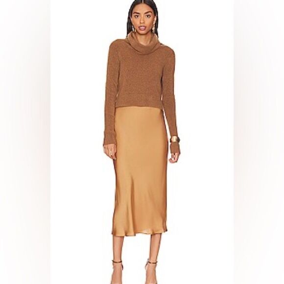 All Saints Dress Two in One Tierny Roll Neck Sweater Slip Midi Brown Camel Med - Picture 1 of 13